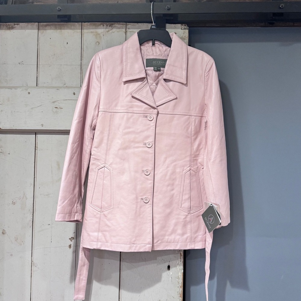 NWT 2001 Accents Collection Pink Leather Waist Coat Belted Quilted Lining Size M